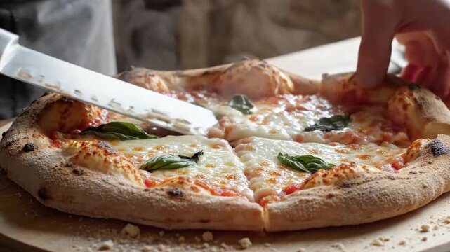 Crispy pizza preparation process highlighting slicing and cheese melting with fresh basil toppings