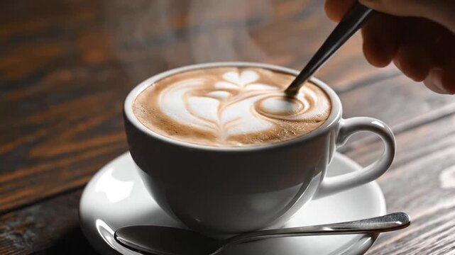 Step-by-step process of creating intricate latte art in a cozy coffee shop setting illustrating the craft of coffee presentation