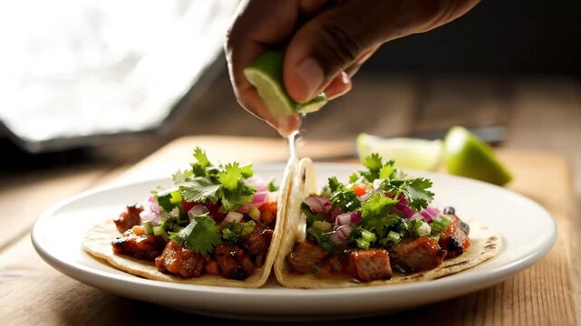 Vivid sequence of preparing mouthwatering beef tacos topped with fresh herbs and drizzled with lime juice