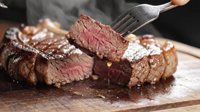 Close-up of perfectly cooked beef steak being sliced and served on a wooden cutting board