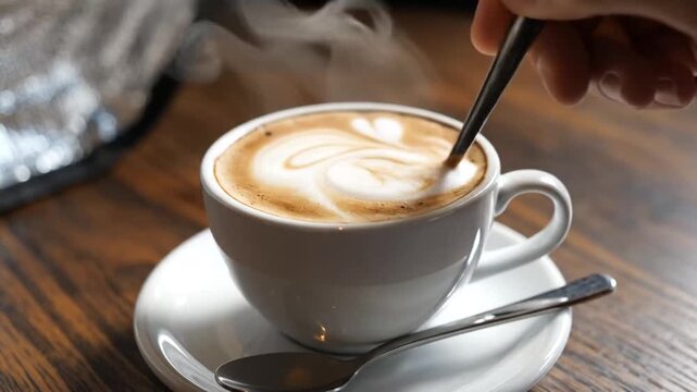 Step-by-step process of creating intricate latte art in a cozy cafe setting