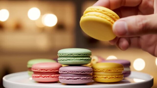 Delicate pastel macarons stacking and being carefully picked up in a cozy bakery interior