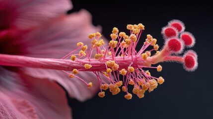 Fototapeta premium A pink hibiscus flower reveals its intricate stamen and pistol capturing natures beauty and elegance.