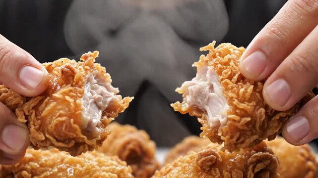 Close-up sequence of hands breaking apart crispy fried chicken drumsticks revealing juicy meat inside with steaming aroma