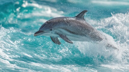 Fototapeta premium A playful dolphin jumps out of sparkling turquoise water splashing waves around it joyfully.