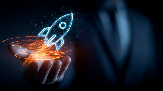 Hand presenting a holographic rocket symbolizing startup launch strategy and rapid business growth.
