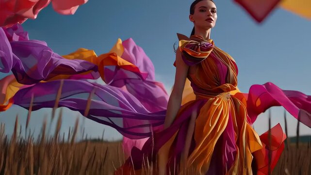 Woman in a flowing colorful dress stands in a field with fabric blowing in the wind, showing freedom, fashion, and artistic lifestyle