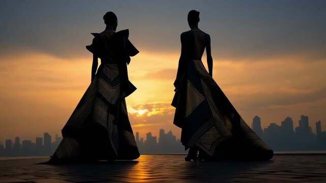Two fashion models in long dramatic dresses stand at sunset with a city skyline behind them, showing elegance and modern runway style