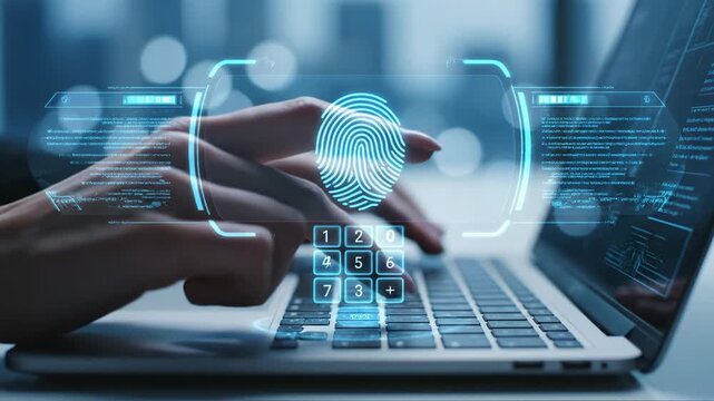 Cybersecurity Concept with Digital Fingerprint on Laptop Screen