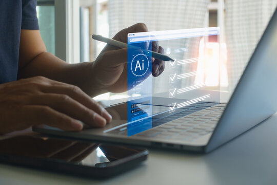 Businessman using laptop and stylus with artificial intelligence interface, digital checklist and data icons. Concept of AI automation, smart technology, productivity, and modern business workflow.