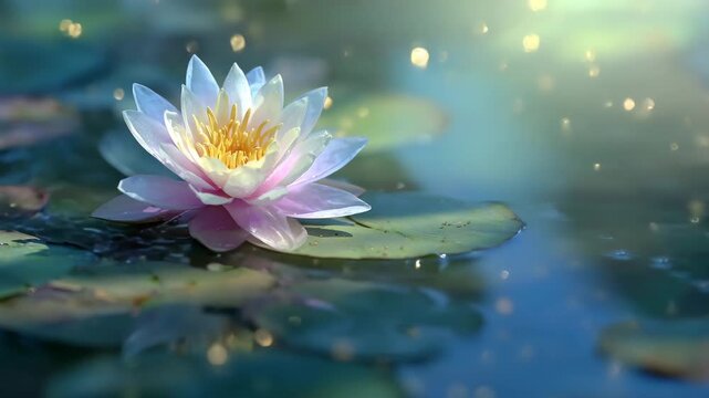 Close up of a blooming lotus flower floating on water with bokeh effect