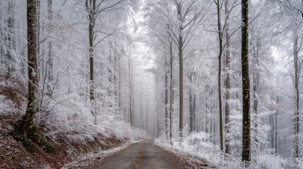 A tranquil pathway winds through a snowy forest with frost covered trees creating a magical scene.
