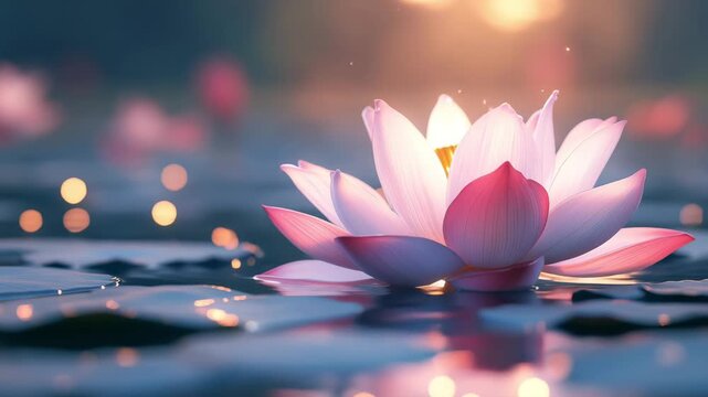Close up of a pink lotus flower floating on water with bokeh effect