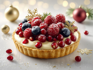 Christmas berry tart with festive holiday decorations