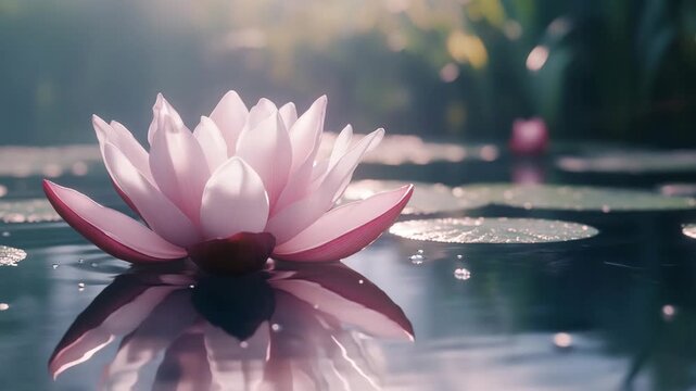 Close up of a pink water lily floating on calm water with reflections