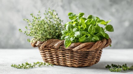 Naklejka premium Fresh thyme and basil rest in a handmade basket highlighting vibrant greenery and herbal scents.