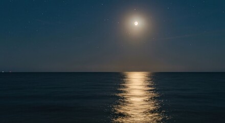Fototapeta premium Night scape. The moon glows above calm waters, casting a shimmering reflection. Scattered stars dot the sky