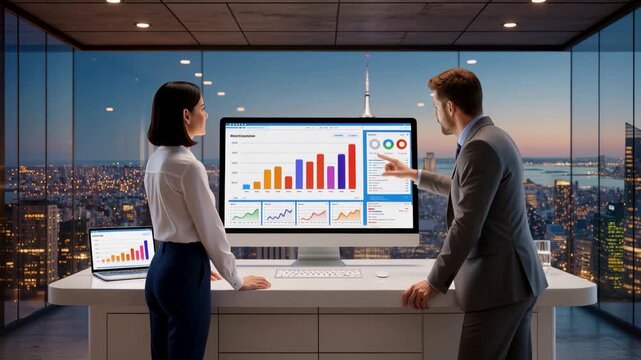 professional business colleagues collaborating in a sleek skyscraper office at night while analyzing colorful growth charts on a large computer screen