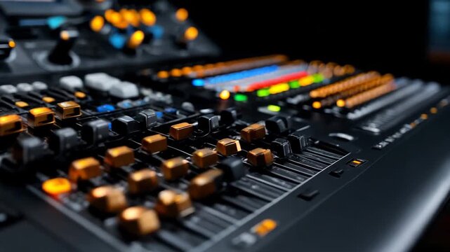 Sound mixing console in a studio during a recording session at night with colorful buttons and faders