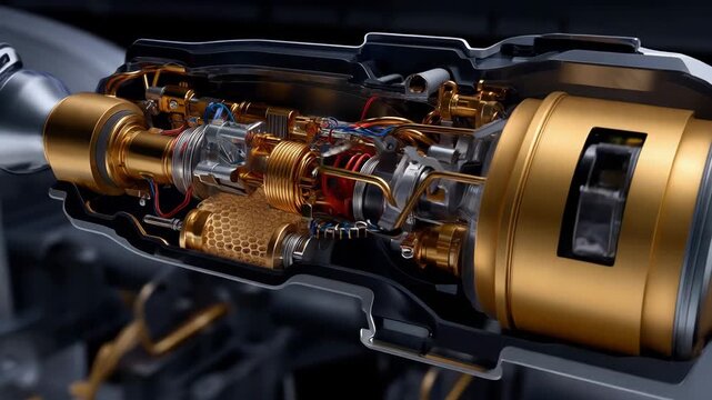 Detailed view of a cutaway engine showing internal components and working parts with wires and mechanisms involved in operation