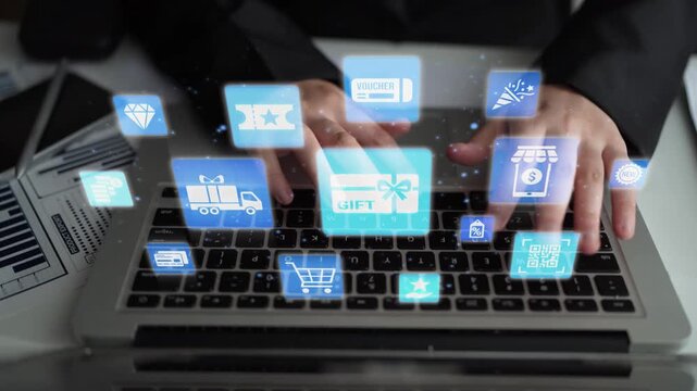 Digital gift card icons show e-commerce, payment, and digital gift card redemption. Digital gift card supports online shopping, secure payment, and customer loyalty programs. Funnel