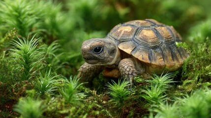 Obraz premium A small turtle crawls through soft green moss enjoying the warmth of the sun in nature.