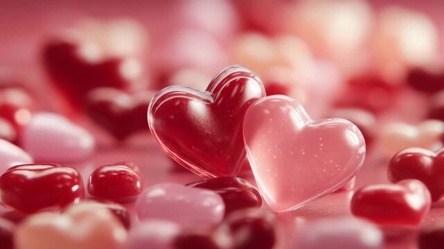 Close up of heart shaped candies in shades of red and pink