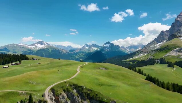 Cinematic 4K drone panorama capturing the unique Seiser Alm the Italian Dolomites showcasing rolling alpine meadows mountain peaks expansive natural landscapes travel adventure scenic 