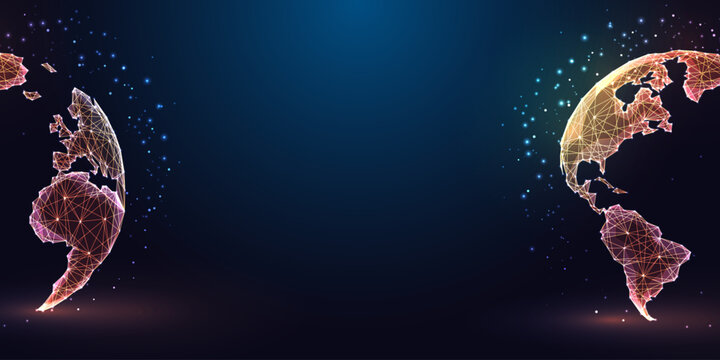 Two hemispheres of glowing digital Earth, global connection and technological transformation vector