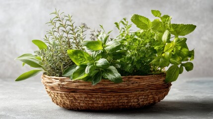 Naklejka premium A vibrant assortment of fresh herbs in a woven basket sits elegantly ready for cooking inspiration.