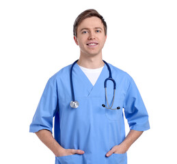Portrait of medical assistant on white background