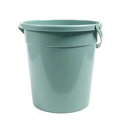A simple, empty green bucket with a wooden handle on a white background