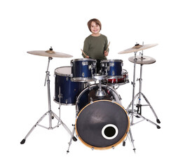 Obraz premium Little boy with drumsticks and drums on white background