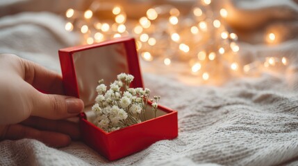 Beautiful Hand Holding a Red Jewelry Box with Delicate White Flowers and Soft Fairy Lights in Background