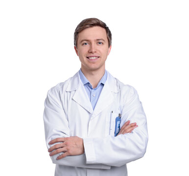 Portrait of medical assistant on white background