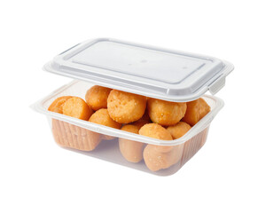 A plastic container filled with donuts on a white surface, great for food and bakery uses