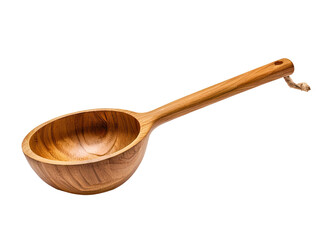 A traditional kitchen utensil made of wood, featuring a long handle and a bowl-shaped spoon head