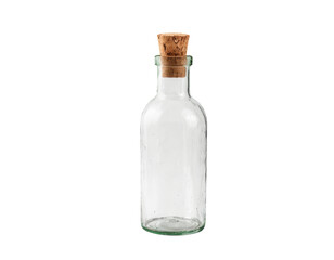 A clear glass bottle with a natural cork stopper, suitable for storing liquids or as a decorative item