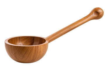 A wooden bowl containing a wooden spoon