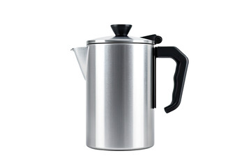 A stainless steel coffee pot on a white background