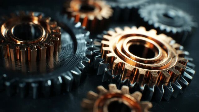 Close up of interlocking gears illustrating engineering and mechanics