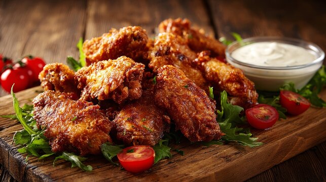 golden-brown, deep-fried chicken wings rests on a wooden table