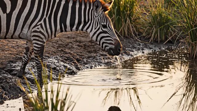 black white animal. A zebra bends down to drink from a calm waterhole at sunset, surrounded by tall grasses that reflect the warm hues of the evening sky