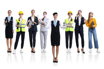 Obraz premium Choice of profession. Same woman representing different occupations. Collage of portraits on white background
