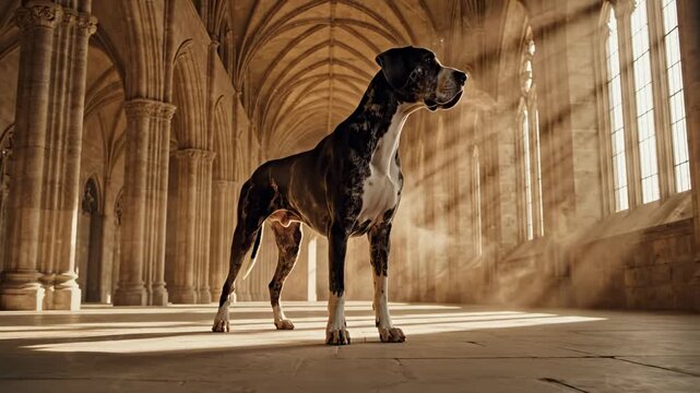 black white animal. A majestic Great Dane stands in a sunlit stone hall, illuminated by rays filtering through tall windows, casting a serene atmosphere in the historic space