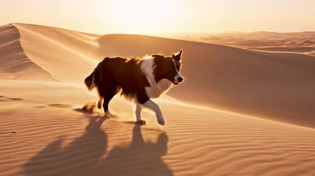 black white animal. A black and white dog wandering across golden sand dunes during sunset, casting a long shadow, with a vast desert landscape stretching under a warm, glowing sky