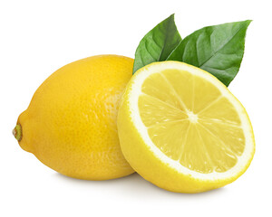 Fresh yellow lemons and green leaves isolated on white