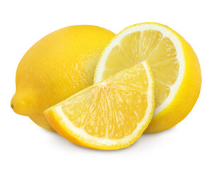 Fresh yellow lemons isolated on white. Whole and sliced citrus fruits