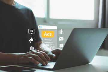 Digital advertising strategy concept with marketer working on laptop, showing online ads, social media, email marketing, AI analytics, and business growth technology for modern marketing campaigns.