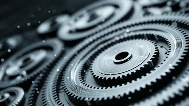 Close up of interlocking gears in motion engineering and technology concept